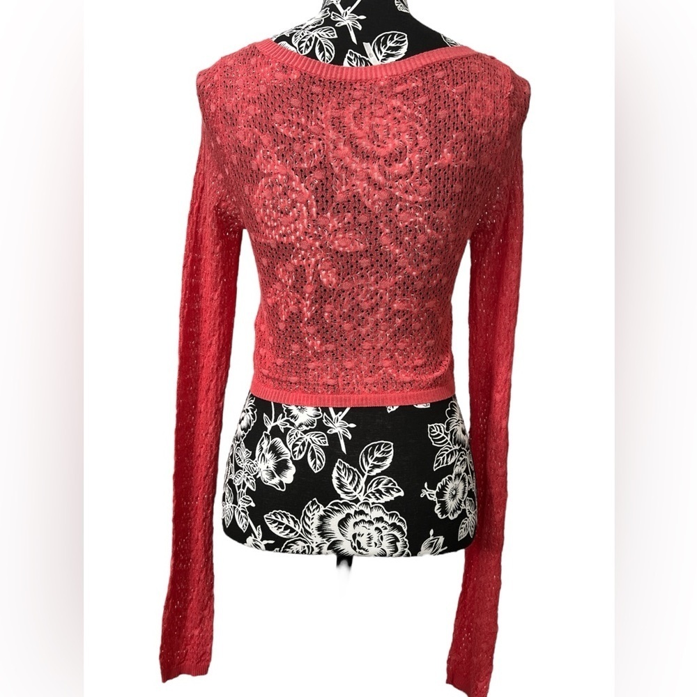 Free People Coral Red Openwork Knit Button-Front Cardigan - Picture 2 of 9